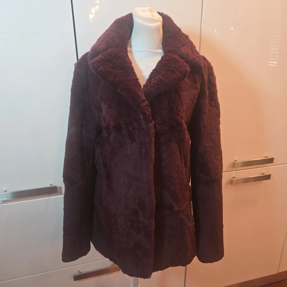 VTG 90s Burgundy Rabbit Fur Retro Pea Coat Womens XS - Picture 5 of 9